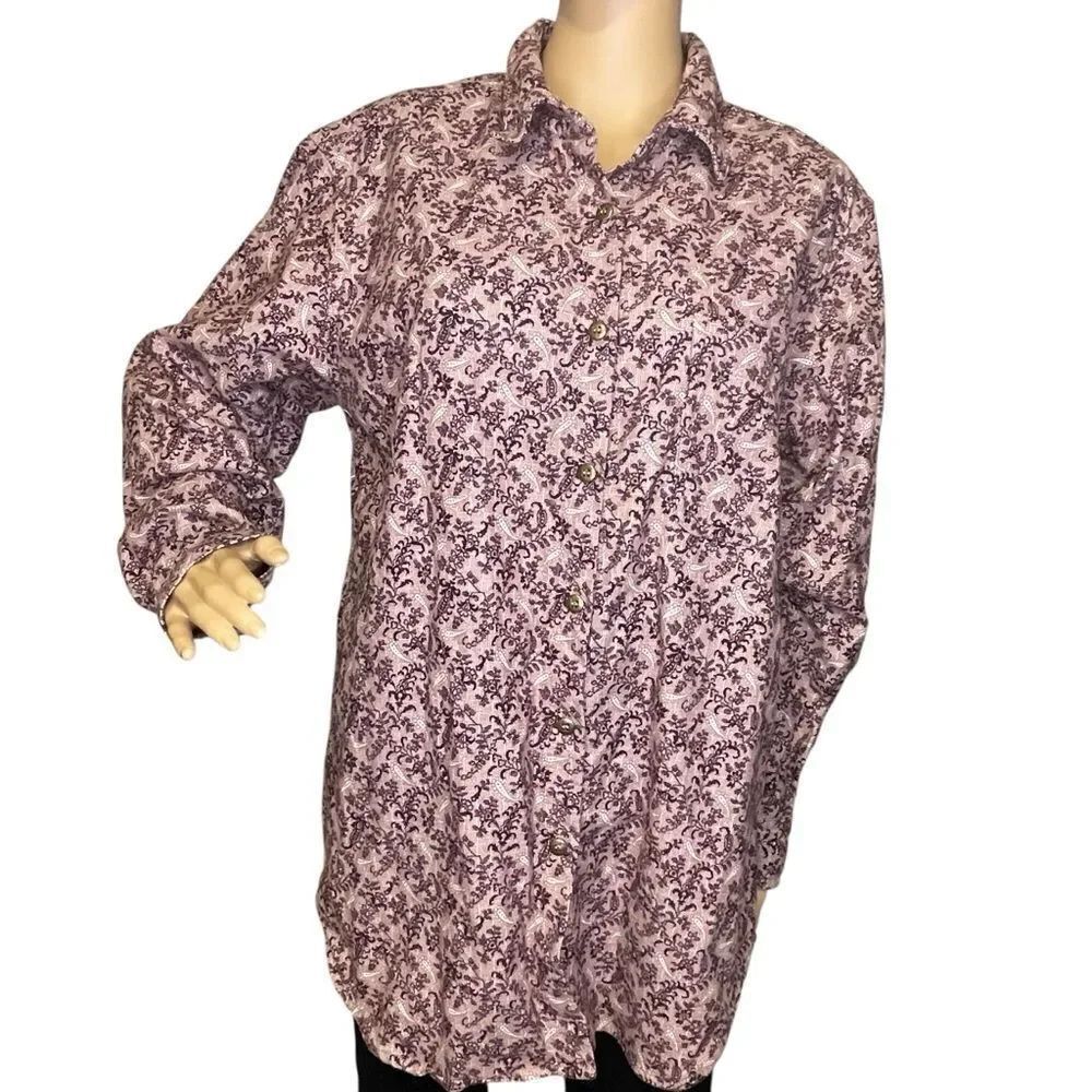 A.M.I. Long Sleeve Button Down Abstract Printed Cotton Shirt Wine purple Large